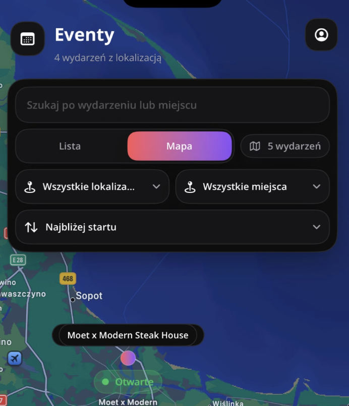 Widok listy i mapy eventów w aplikacji Beinvited